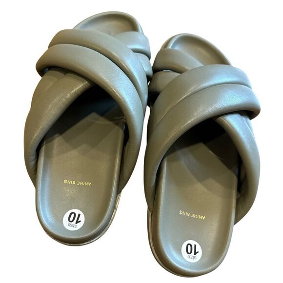 Revolve Anine Bing Lizzie Lamb Leather Slides in Green Khaki Sandals - Picture 9 of 11